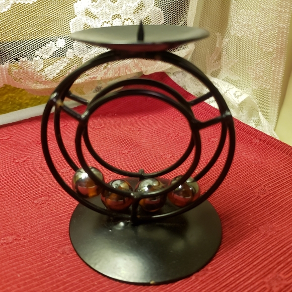 Vtg Candle Holder Black Metal Circular Marbles